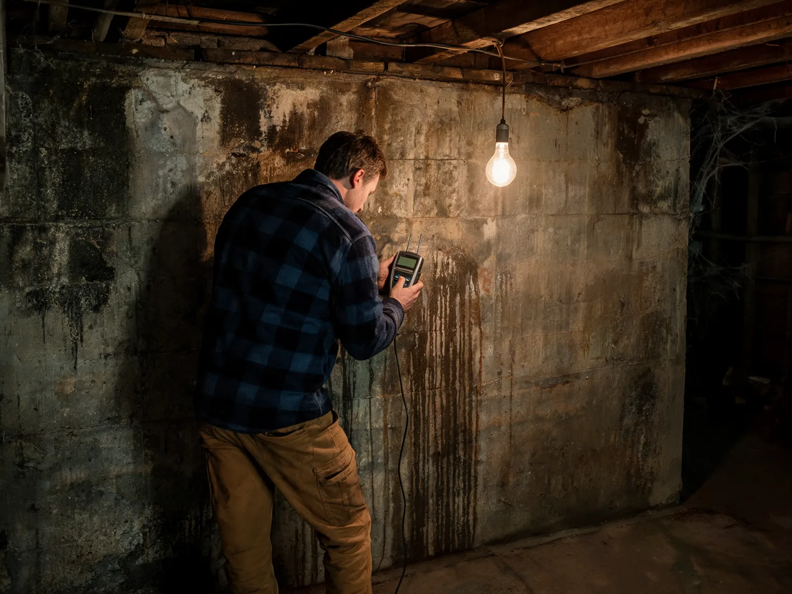 Håndværker vurderer kældervæg før kælderrenovering i Aarhus